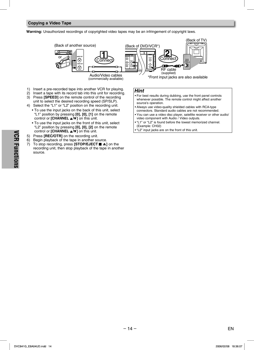 Sylvania DVC841G owner manual Copying a Video Tape, Back of another source Back of DVD/VCR 