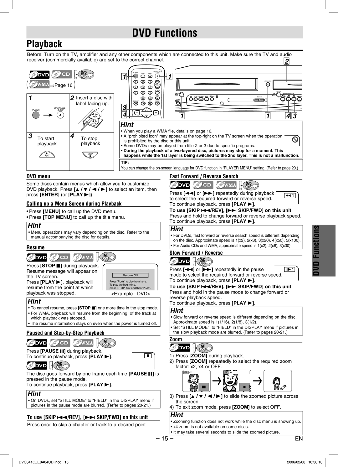 Sylvania DVC841G owner manual DVD Functions 