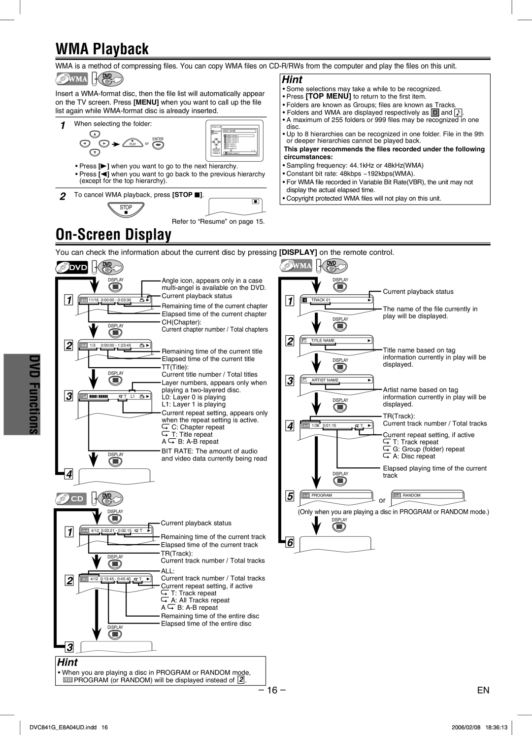 Sylvania DVC841G owner manual WMA Playback, On-Screen Display 