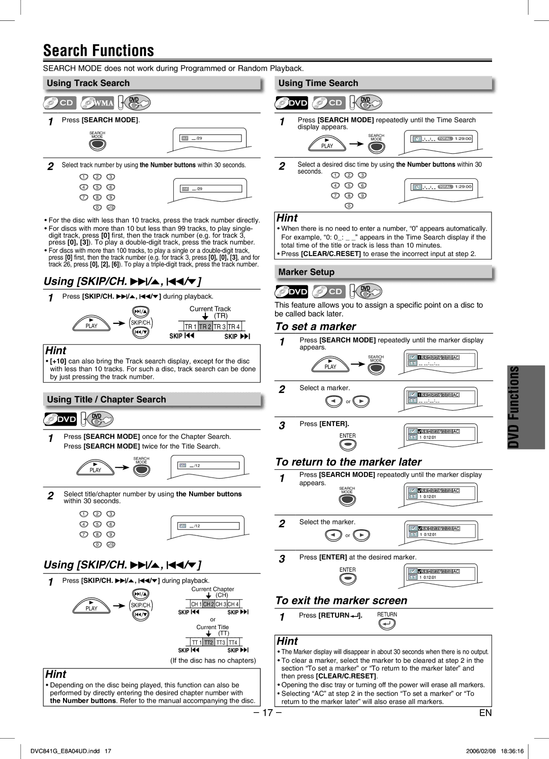 Sylvania DVC841G owner manual Search Functions, Using SKIP/CH. G/o, H/p, To set a marker, To return to the marker later 