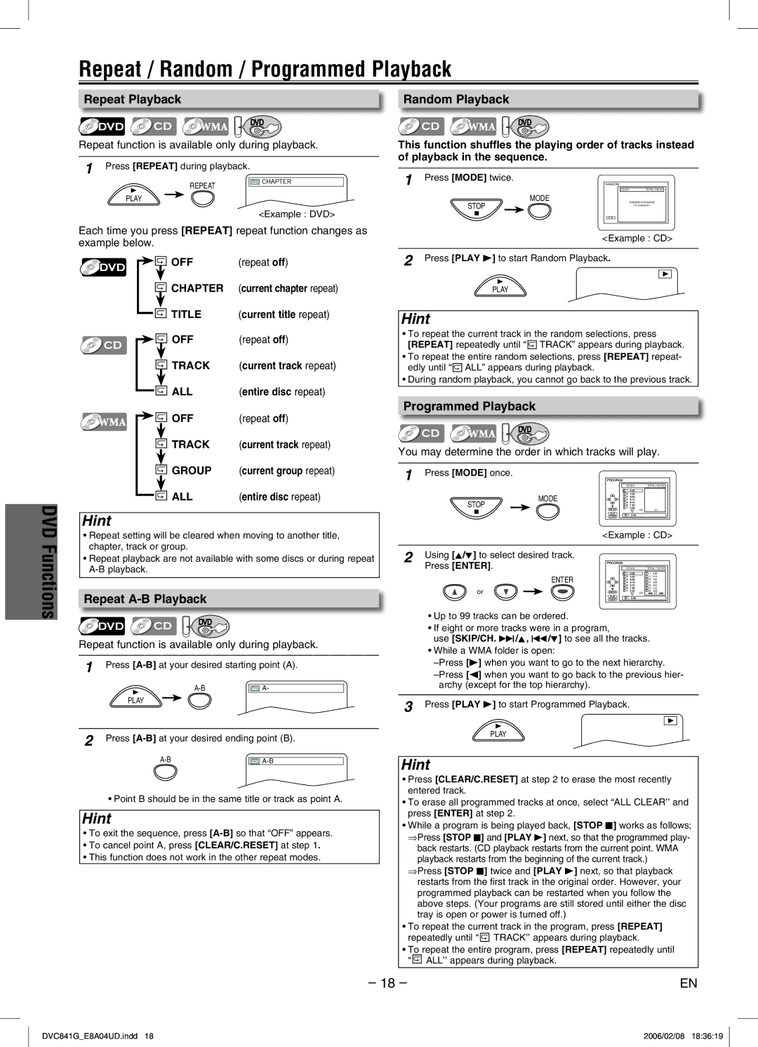 Sylvania DVC841G owner manual Repeat / Random / Programmed Playback, Functions 