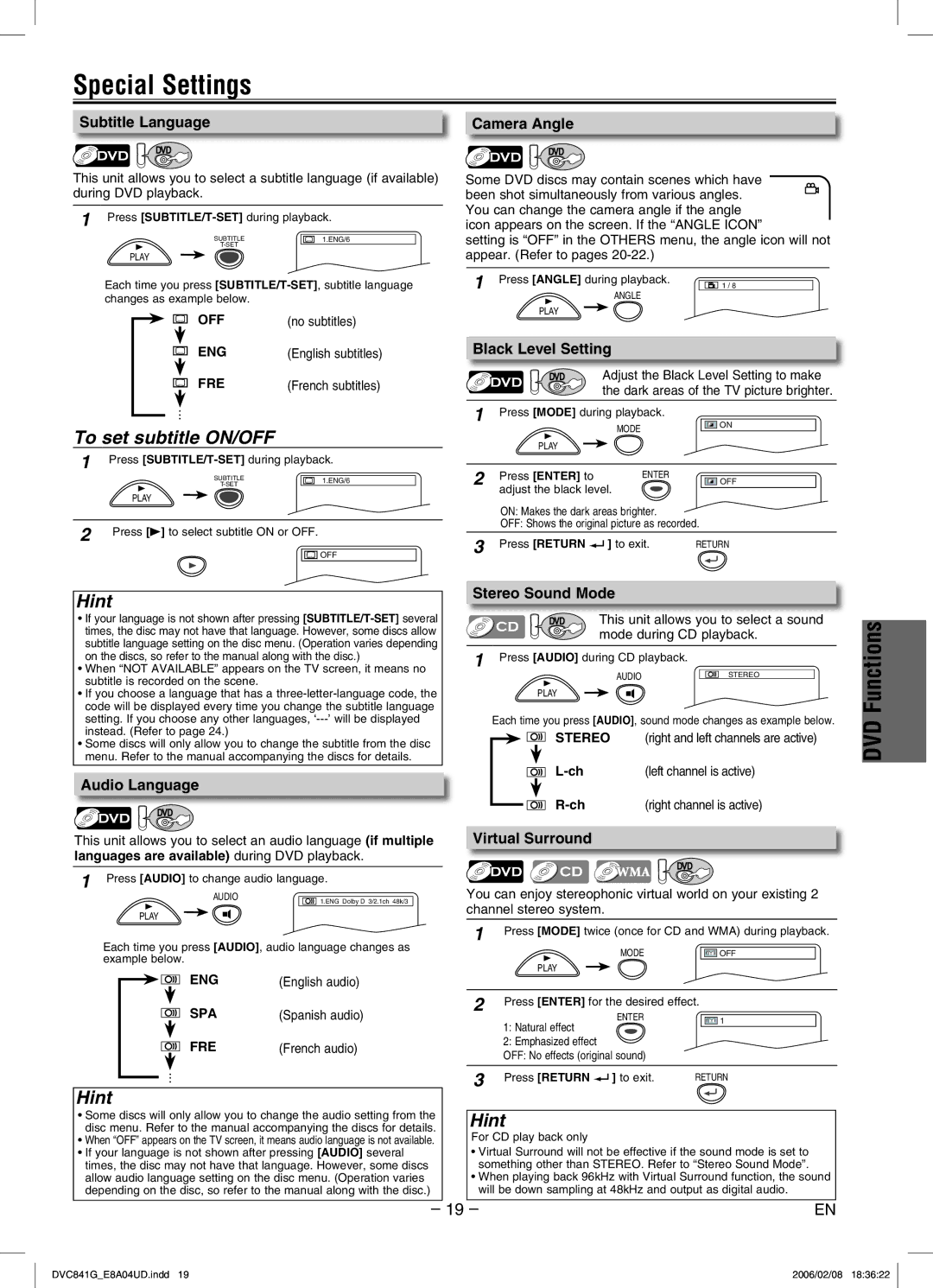 Sylvania DVC841G owner manual Special Settings, To set subtitle ON/OFF 