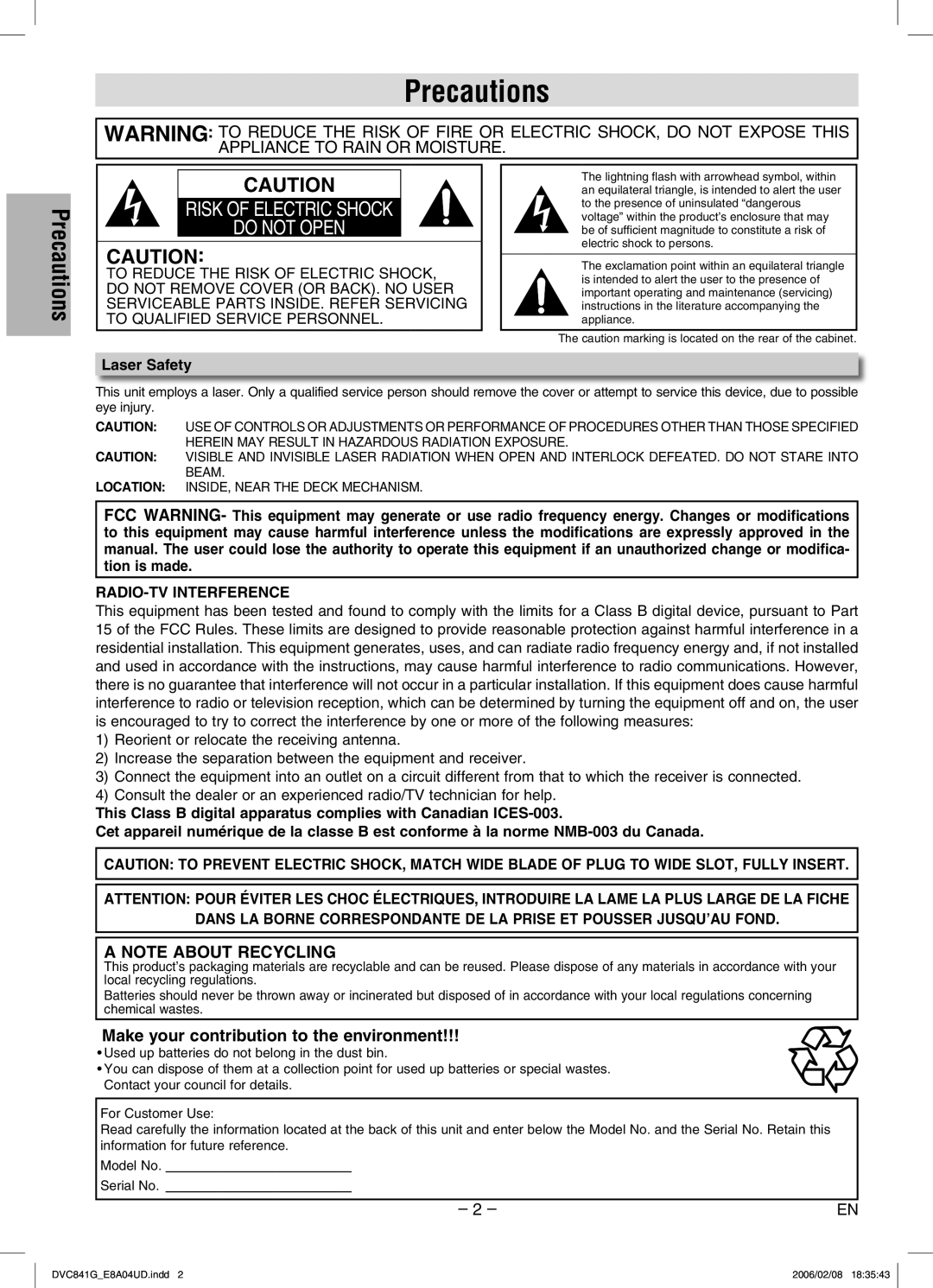 Sylvania DVC841G owner manual Precautions, Laser Safety 