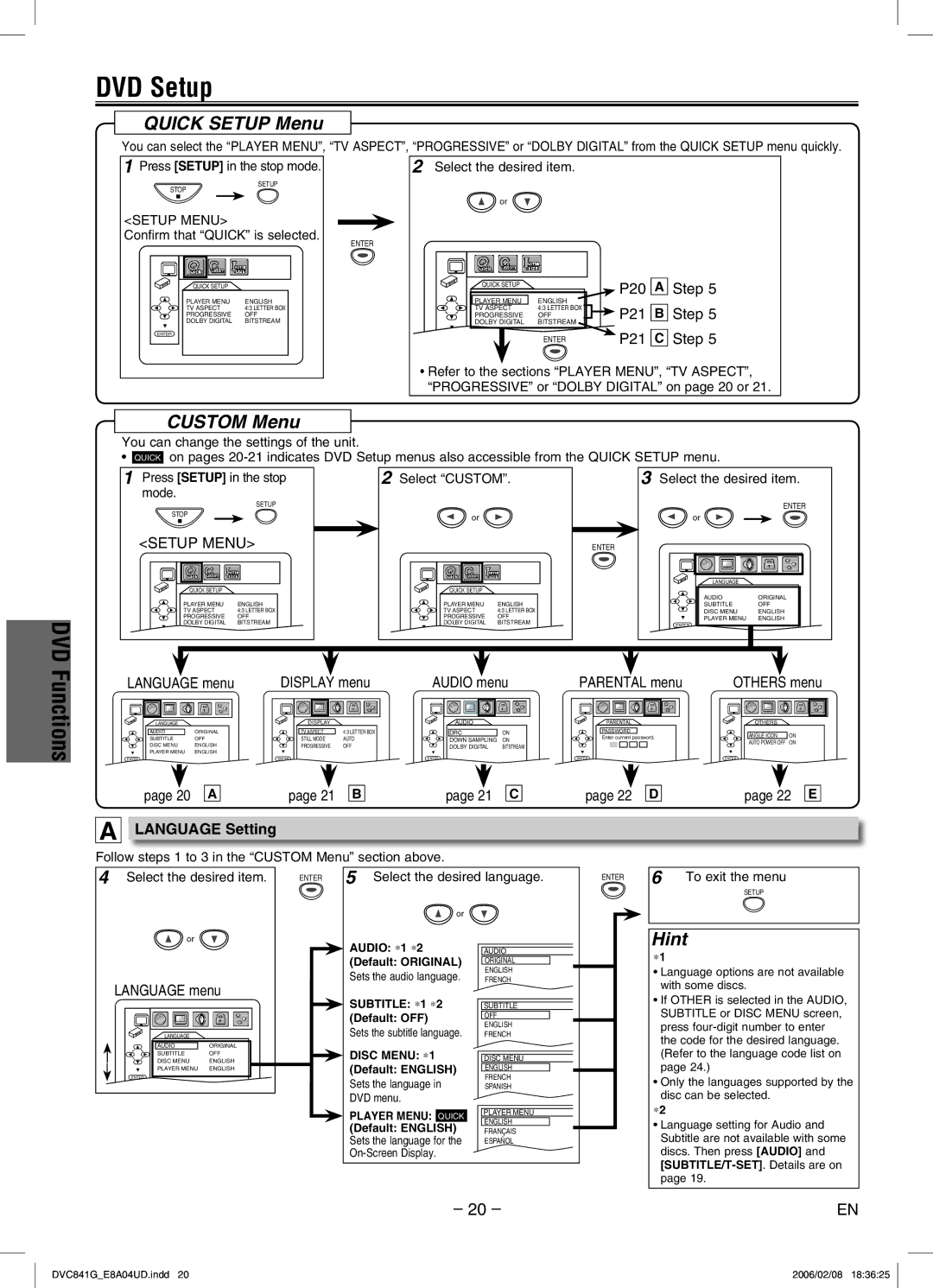 Sylvania DVC841G owner manual DVD Setup, Quick Setup Menu, Custom Menu, Language Setting 