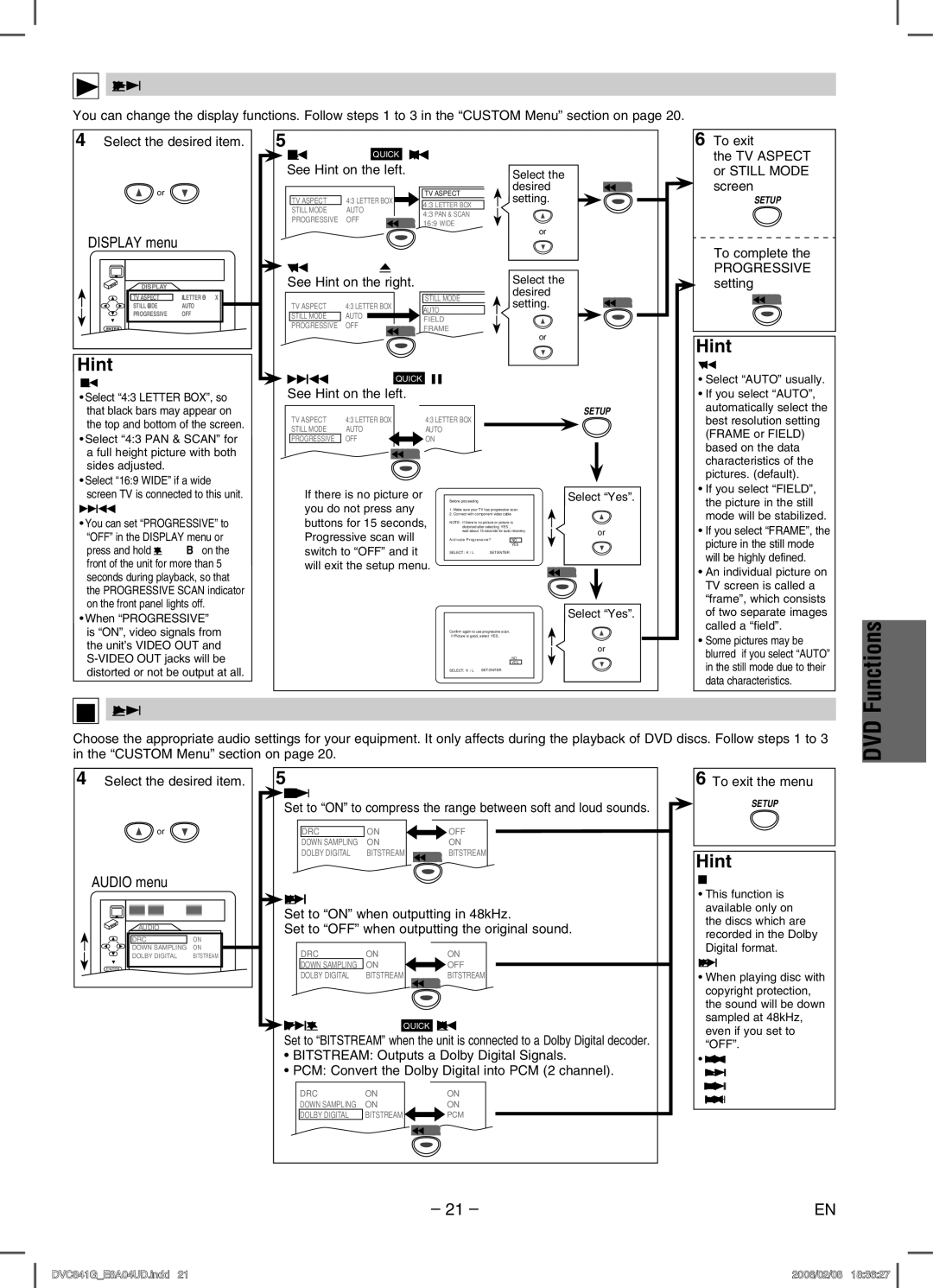 Sylvania DVC841G owner manual Display Setting, Audio Setting, Audio menu 