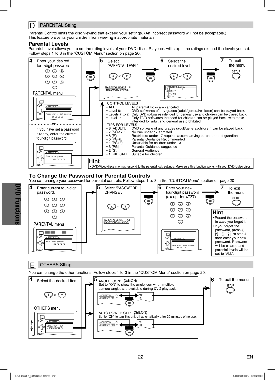 Sylvania DVC841G Parental Levels, To Change the Password for Parental Controls, Parental Setting, Others Setting 