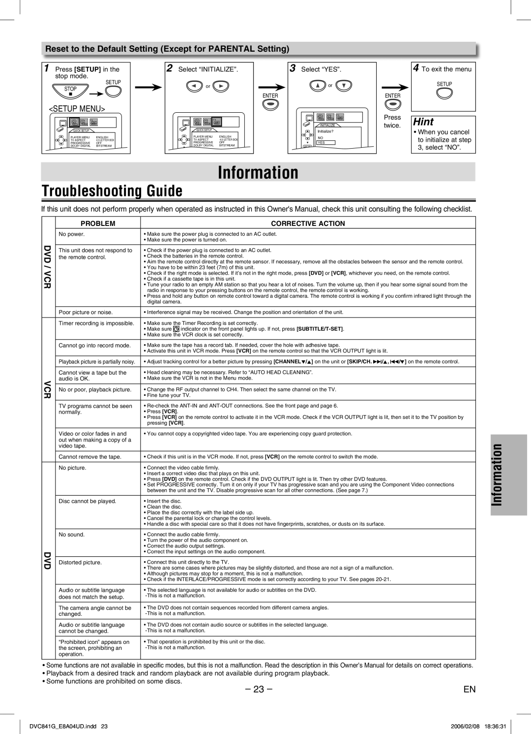 Sylvania DVC841G owner manual Information, Troubleshooting Guide, Reset to the Default Setting Except for Parental Setting 