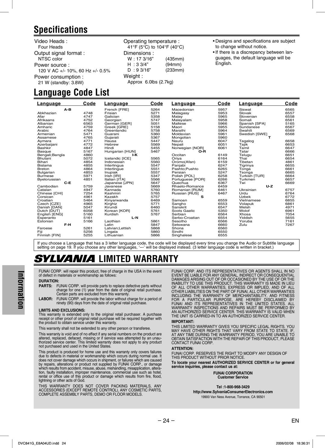 Sylvania DVC841G owner manual Specifications, Language Code List 