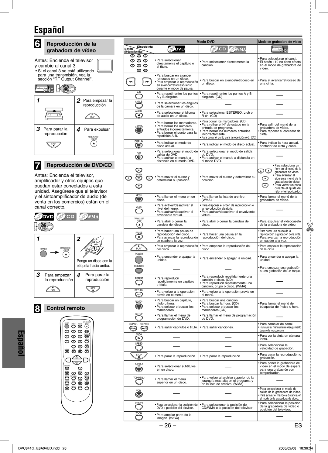 Sylvania DVC841G owner manual Reproducción de la grabadora de vídeo, Reproducción de DVD/CD, Control remoto 