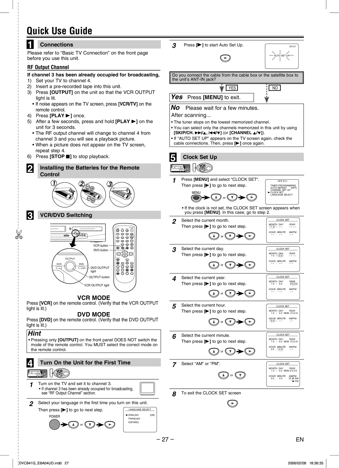 Sylvania DVC841G Quick Use Guide, Connections, Yes Press Menu to exit No Please wait for a few minutes, Clock Set Up 