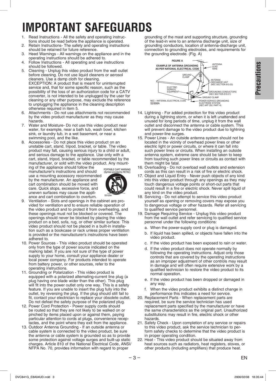 Sylvania DVC841G owner manual Important Safeguards 