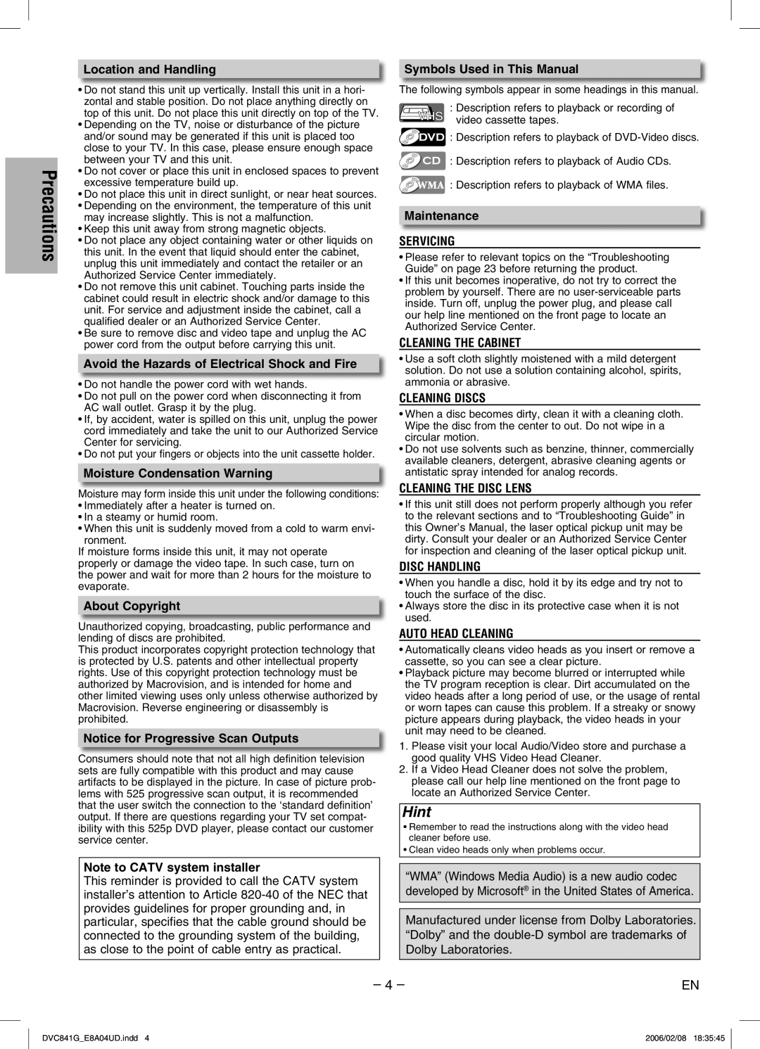 Sylvania DVC841G Location and Handling, Avoid the Hazards of Electrical Shock and Fire, Moisture Condensation Warning 