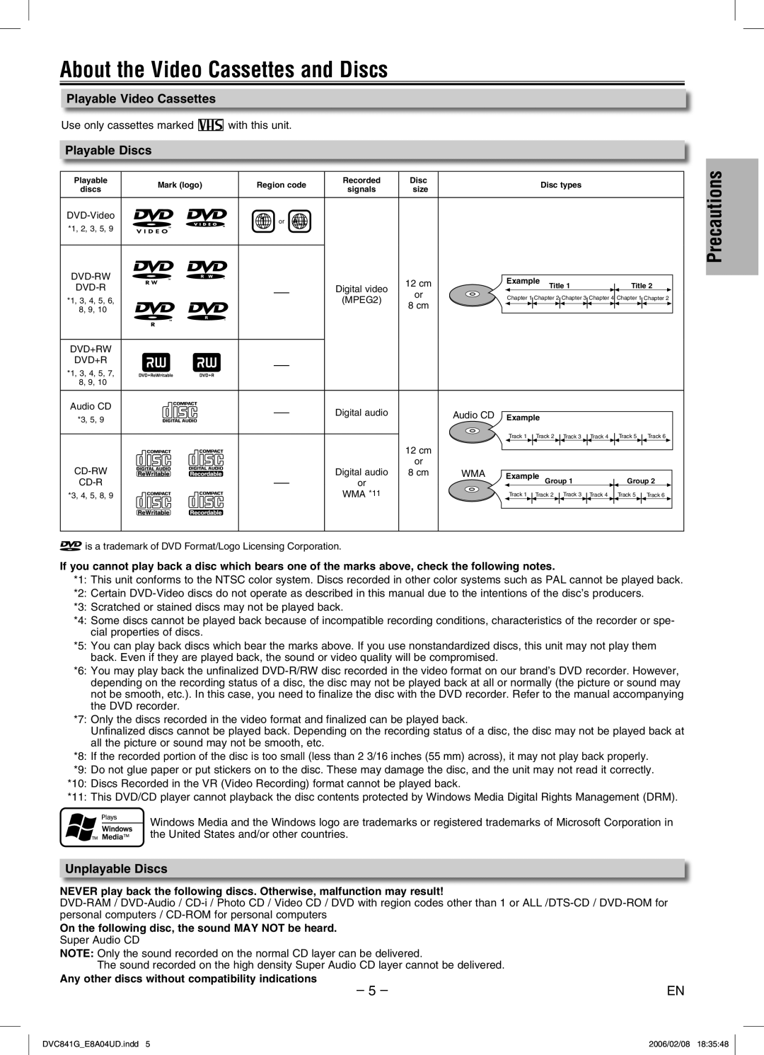 Sylvania DVC841G About the Video Cassettes and Discs, Playable Video Cassettes, Playable Discs, Unplayable Discs 