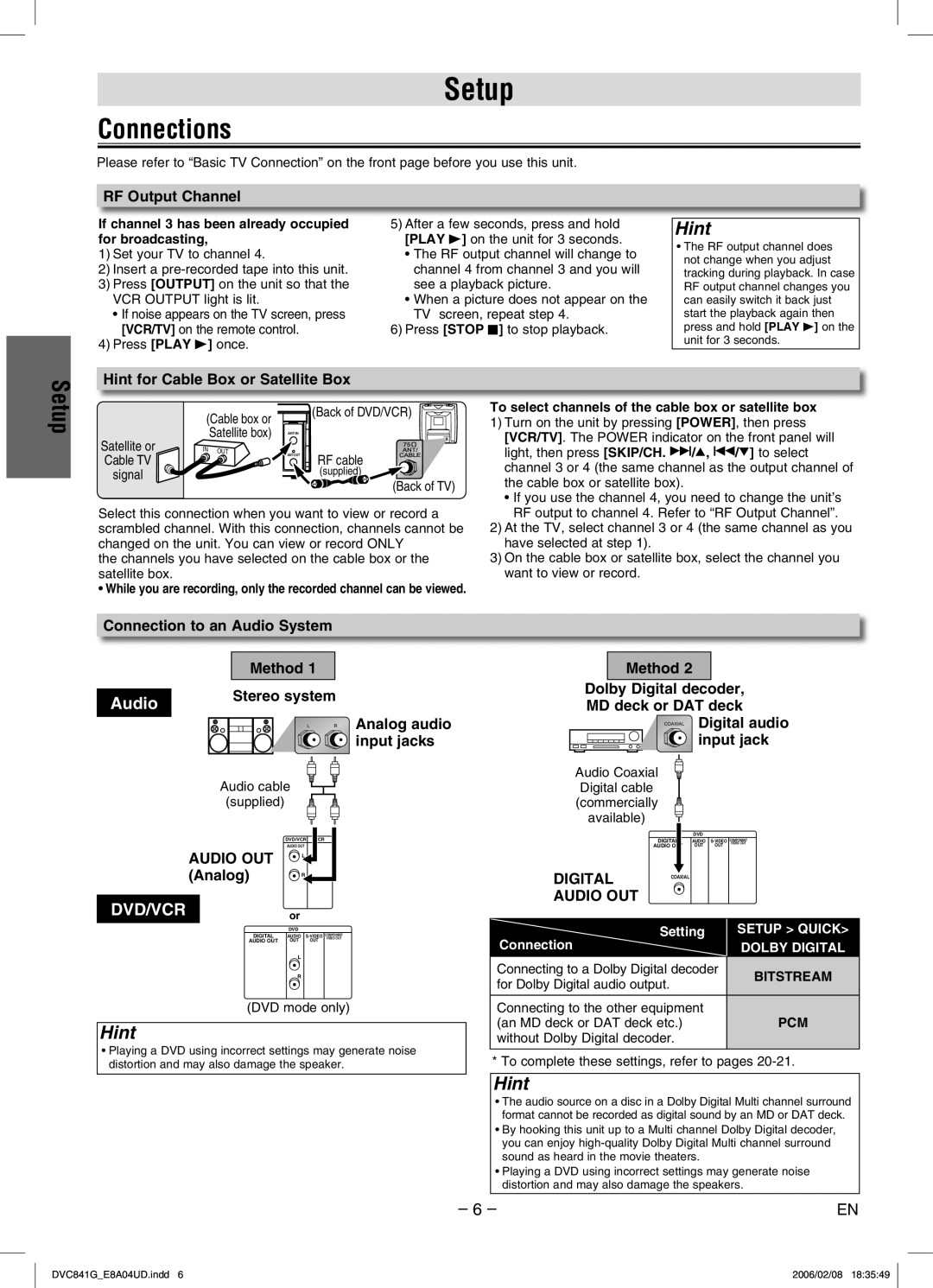 Sylvania DVC841G owner manual Setup, Connections, Hint 