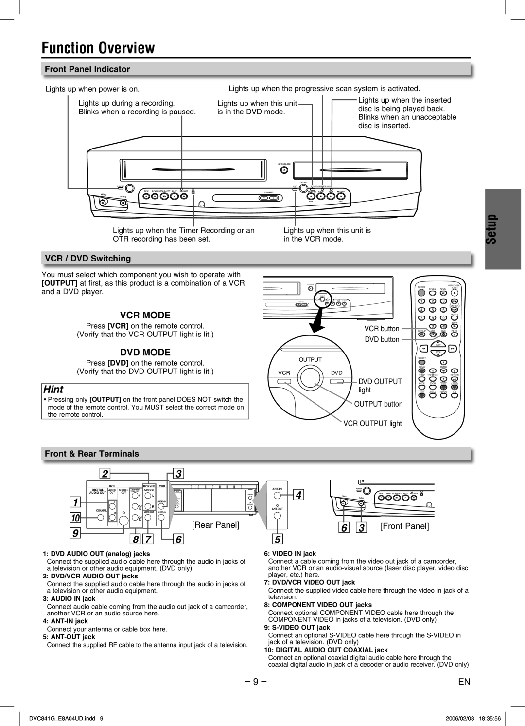 Sylvania DVC841G owner manual Function Overview, Front Panel Indicator, VCR / DVD Switching, Front & Rear Terminals 