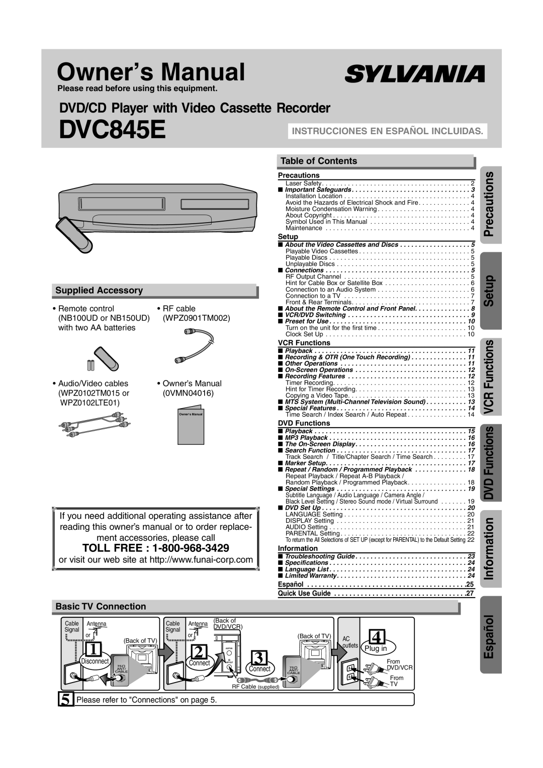 Sylvania DVC845E owner manual Functions, Supplied Accessory, Table of Contents, Basic TV Connection 