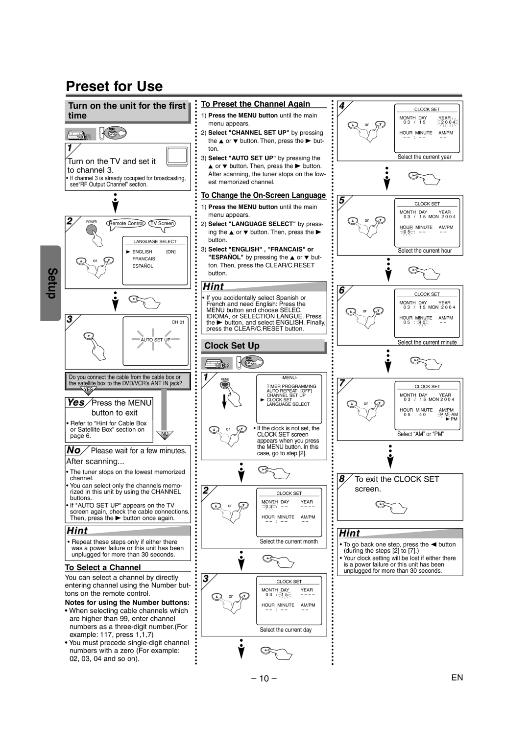 Sylvania DVC845E owner manual Preset for Use, Turn on the unit for the first time, Clock Set Up 