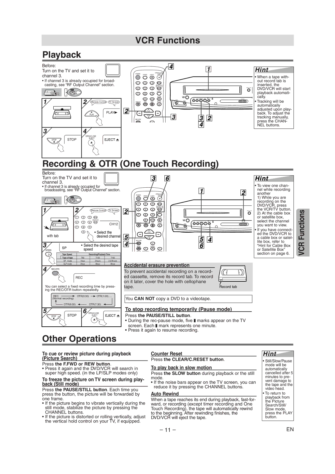 Sylvania DVC845E owner manual VCR Functions Playback, Recording & OTR One Touch Recording, Other Operations 