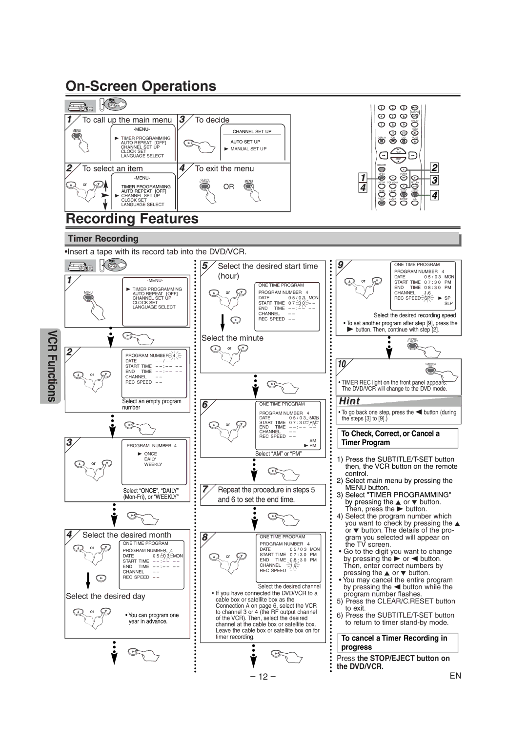 Sylvania DVC845E On-Screen Operations, Recording Features, Timer Recording, To Check, Correct, or Cancel a Timer Program 