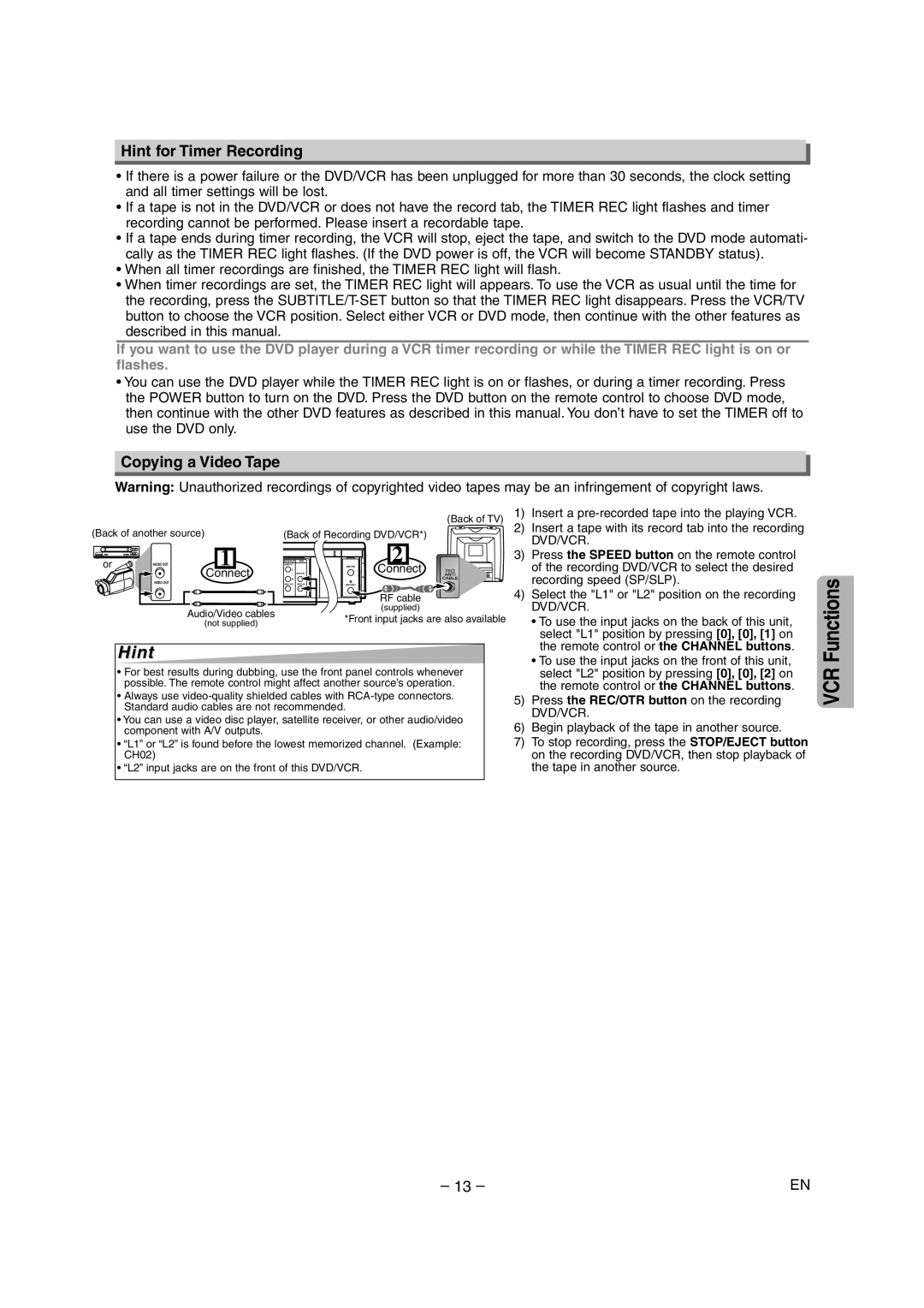 Sylvania DVC845E owner manual Hint for Timer Recording, Copying a Video Tape, Press the Speed button on the remote control 