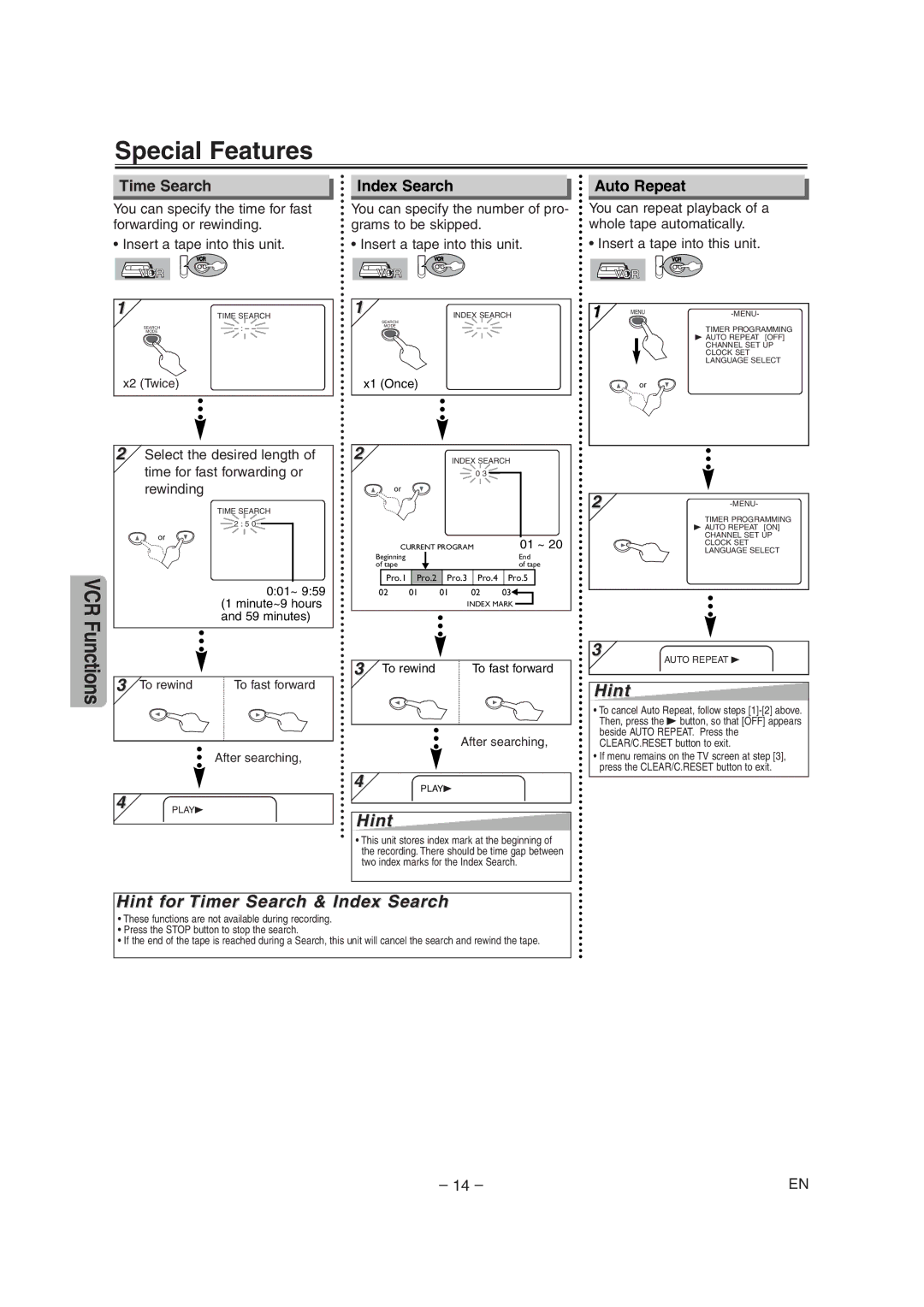 Sylvania DVC845E owner manual Special Features, Hint for Timer Search & Index Search, Time Search, Auto Repeat 