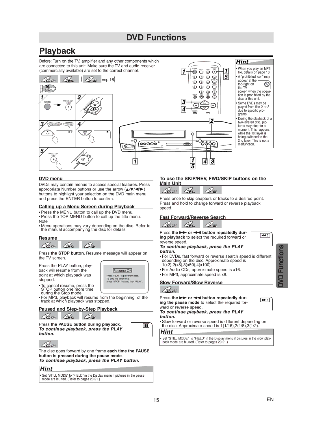 Sylvania DVC845E owner manual DVD Functions Playback 