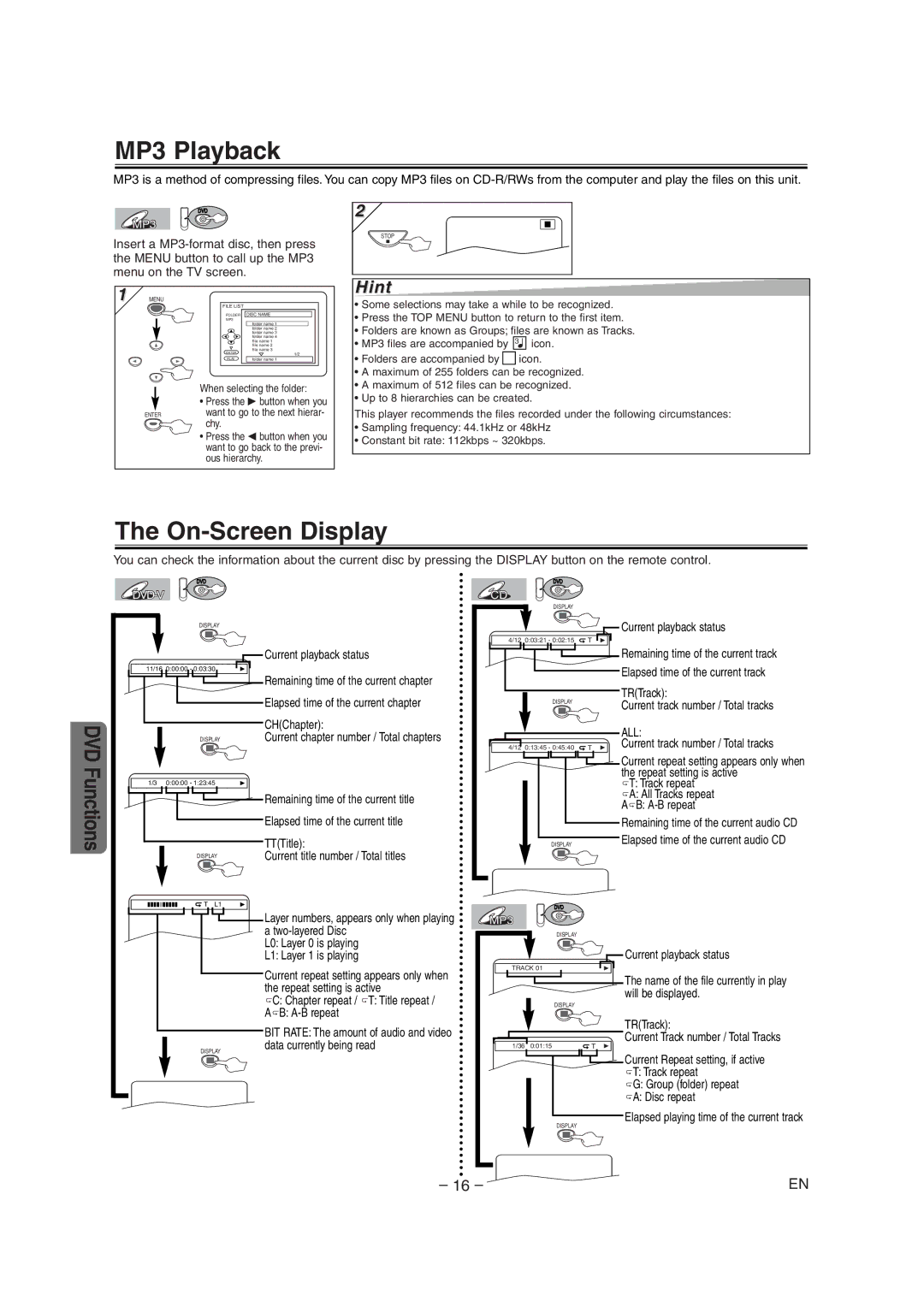 Sylvania DVC845E owner manual MP3 Playback, On-Screen Display 