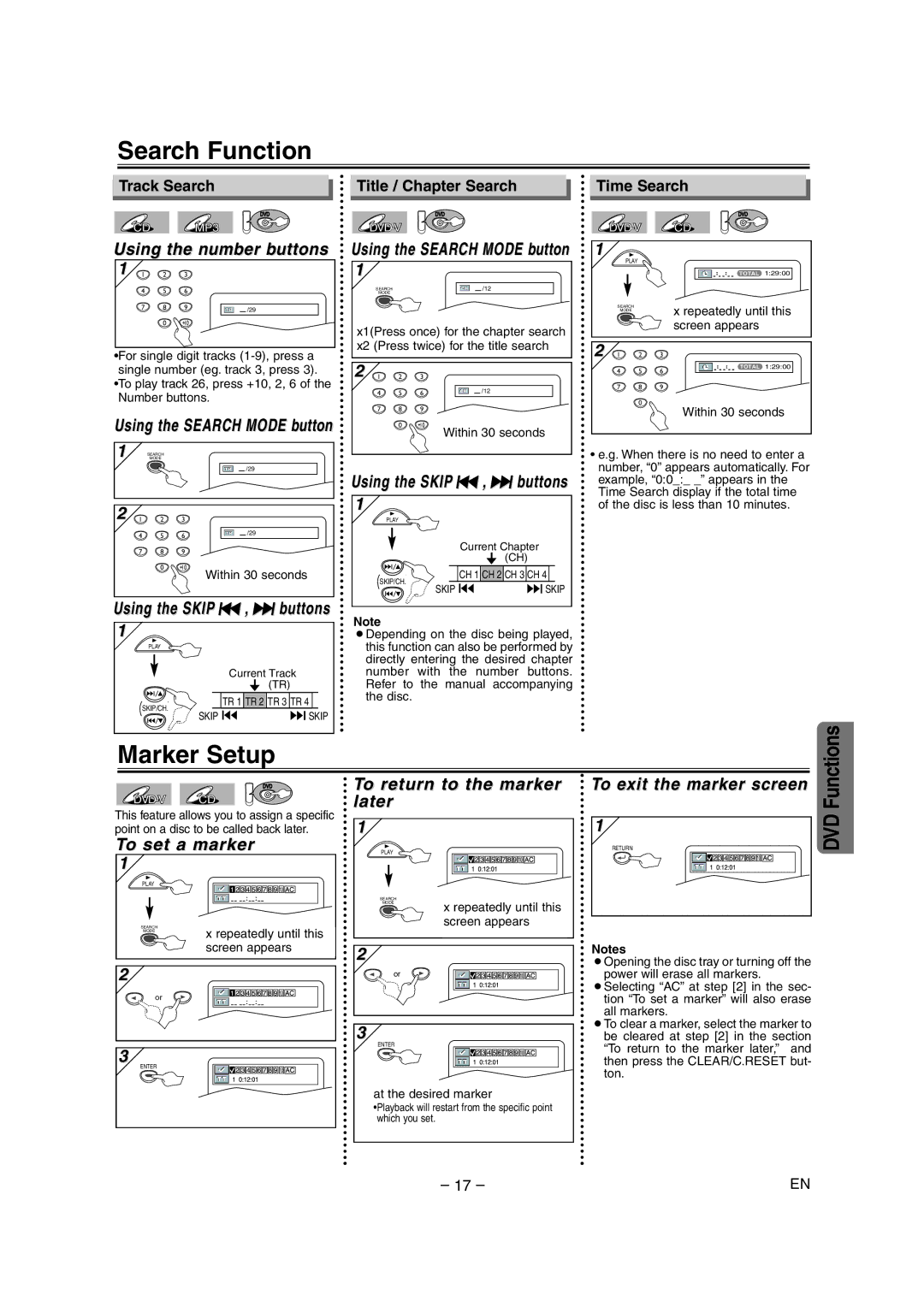 Sylvania DVC845E owner manual Search Function, Marker Setup 