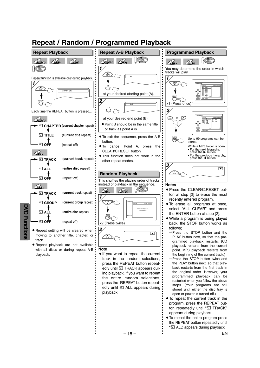 Sylvania DVC845E owner manual Repeat / Random / Programmed Playback, Repeat Playback, Repeat A-B Playback, Random Playback 