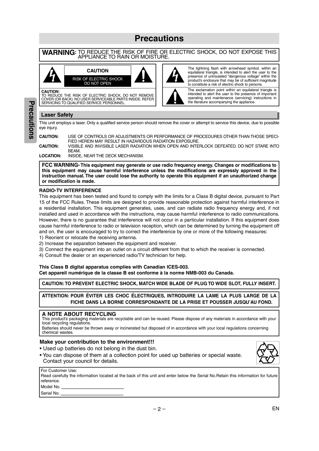 Sylvania DVC845E owner manual Precautions, Laser Safety, Make your contribution to the environment 