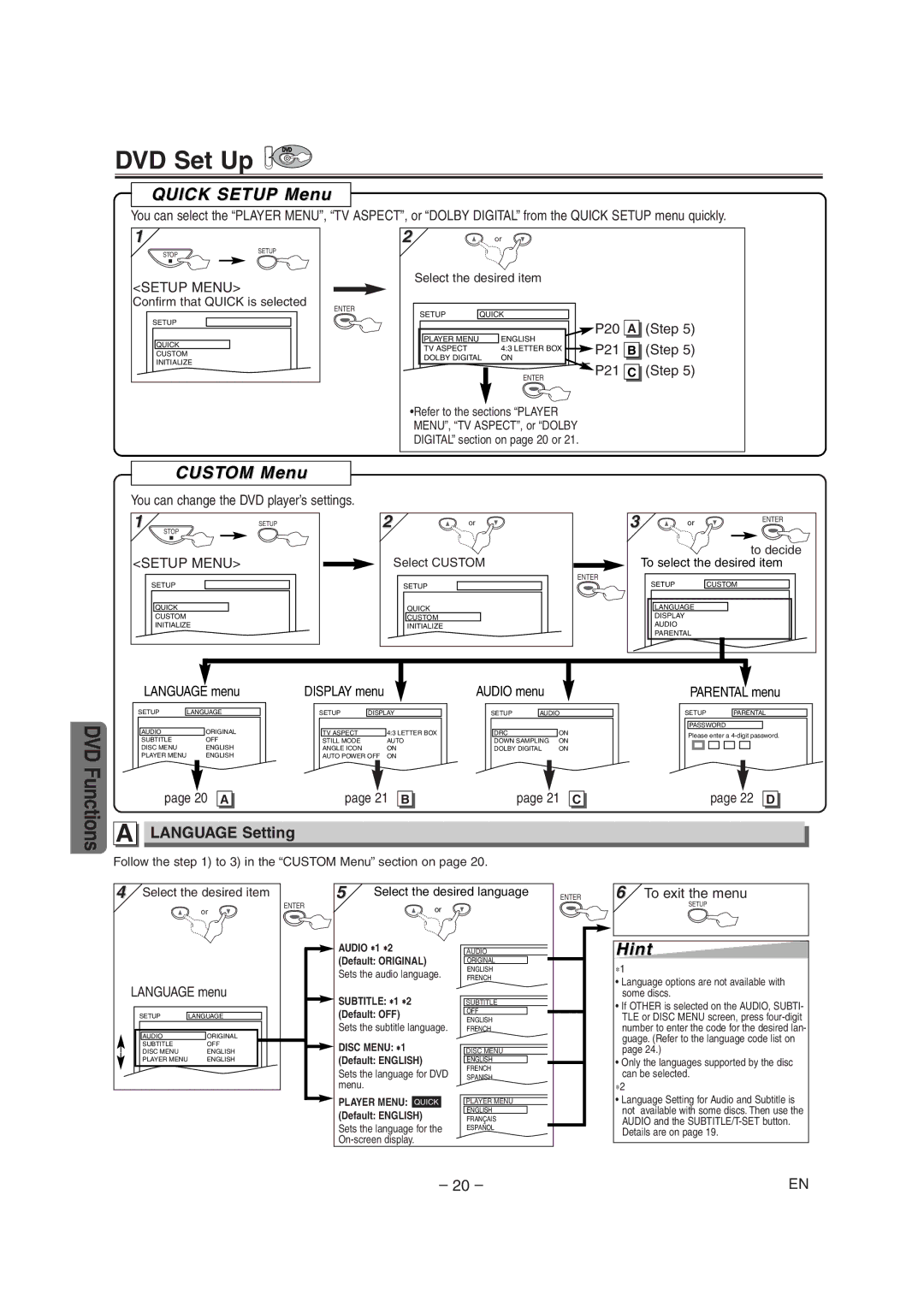 Sylvania DVC845E owner manual DVD Set Up, Quick Setup Menu, Custom Menu, Language Setting, 20 a 21 B 21 C 