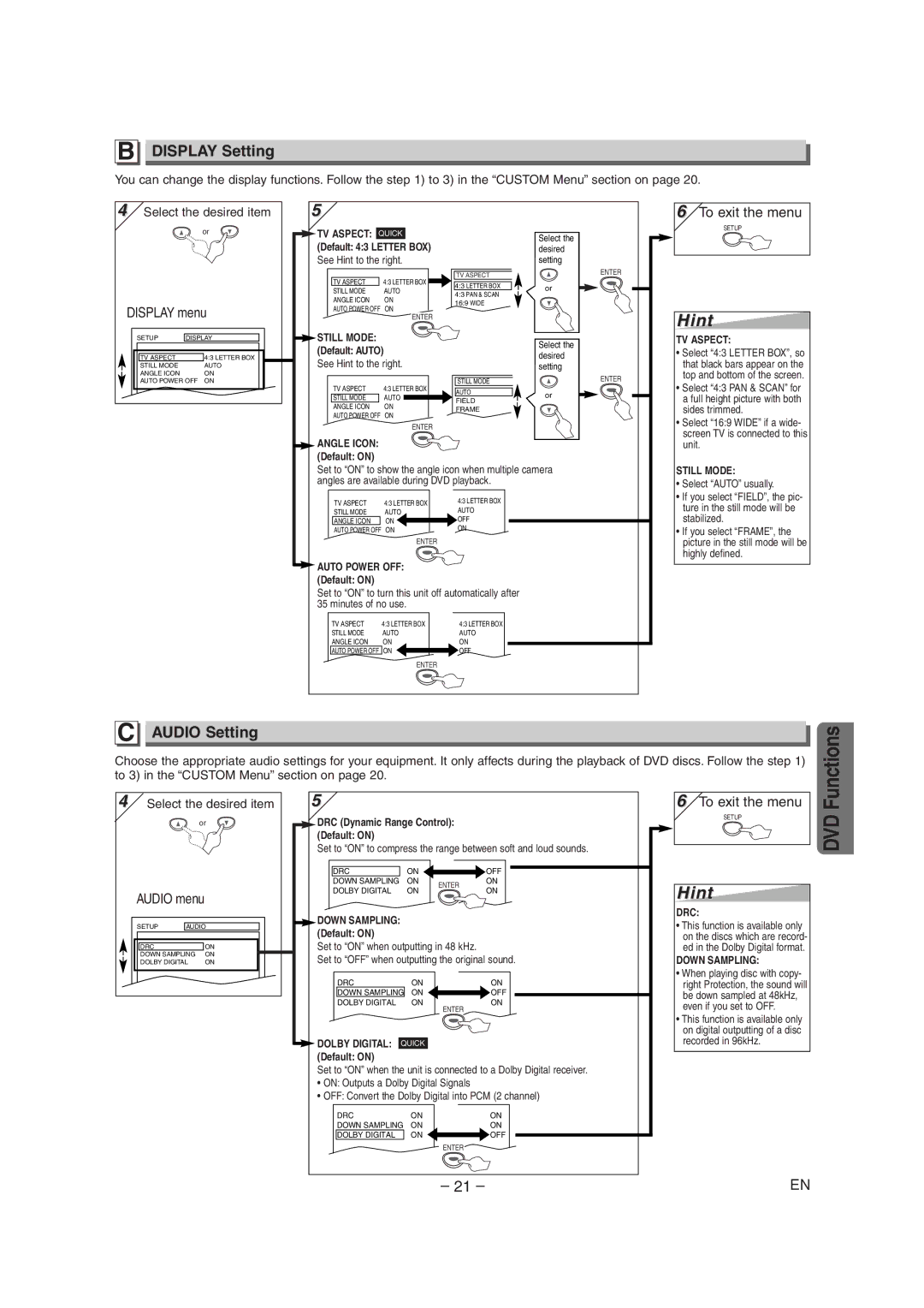 Sylvania DVC845E owner manual Display Setting, Audio Setting, See Hint to the right, Minutes of no use 