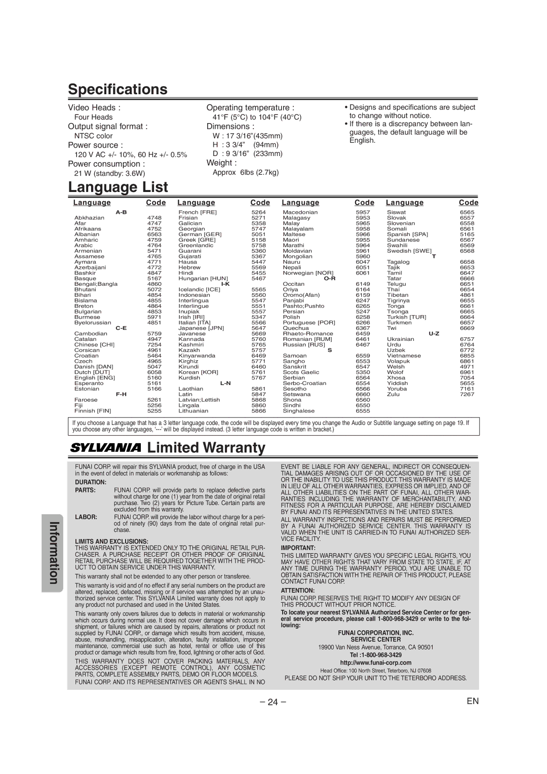 Sylvania DVC845E owner manual Specifications, Language List, Limited Warranty 