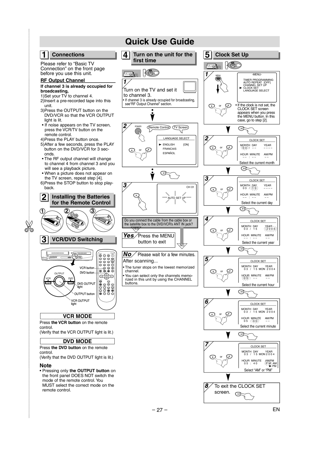 Sylvania DVC845E Quick Use Guide, Connections, Installing the Batteries, For the Remote Control, VCR/DVD Switching 