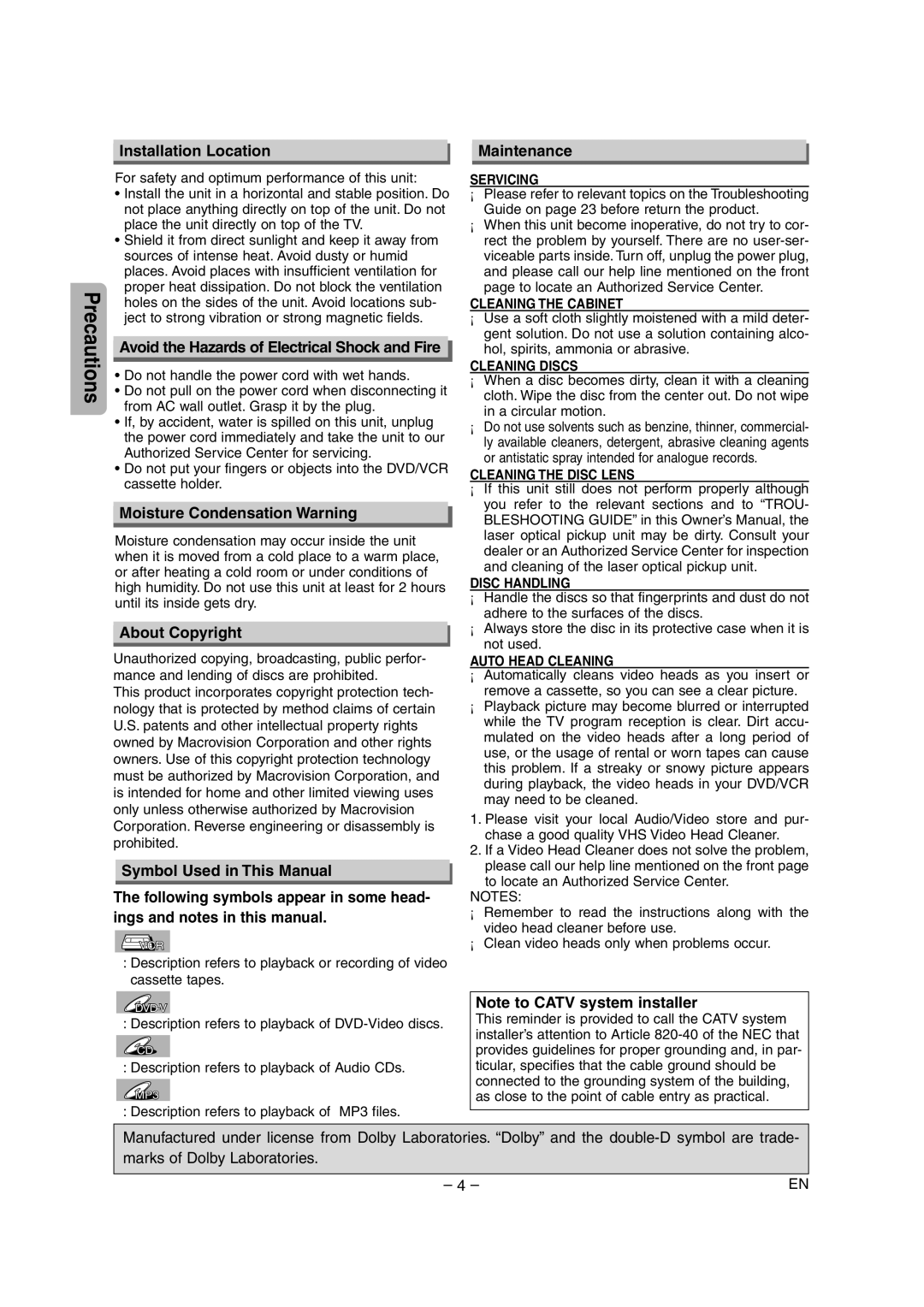 Sylvania DVC845E Installation Location, Avoid the Hazards of Electrical Shock and Fire, Moisture Condensation Warning 