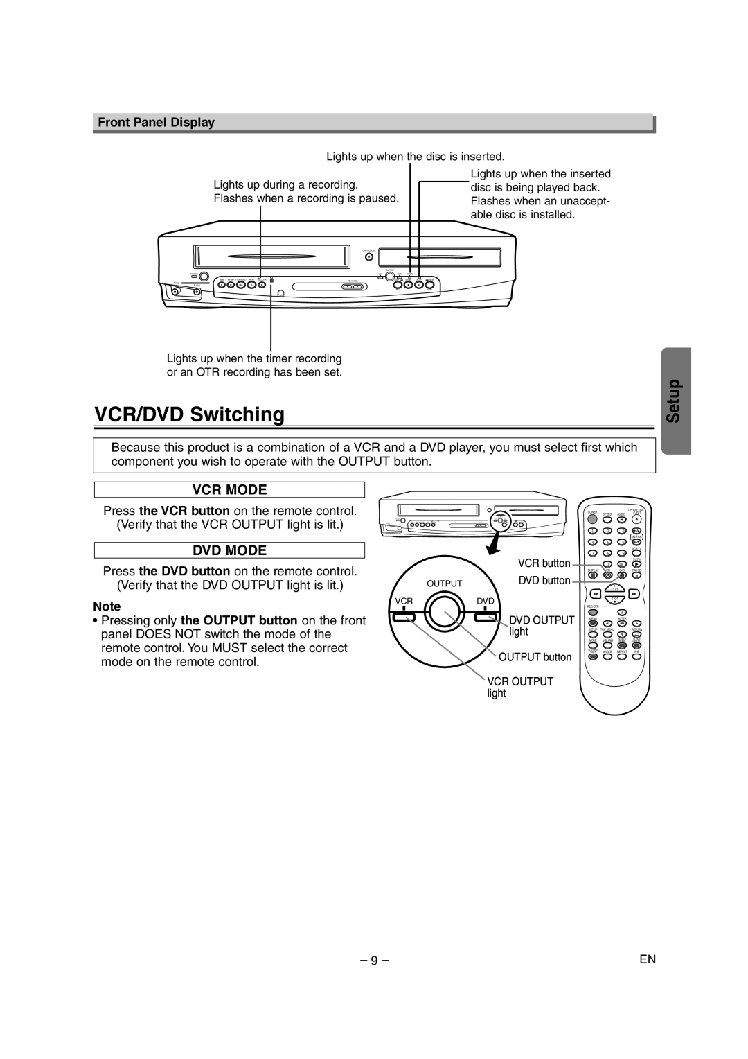 Sylvania DVC845E owner manual VCR/DVD Switching, Front Panel Display 