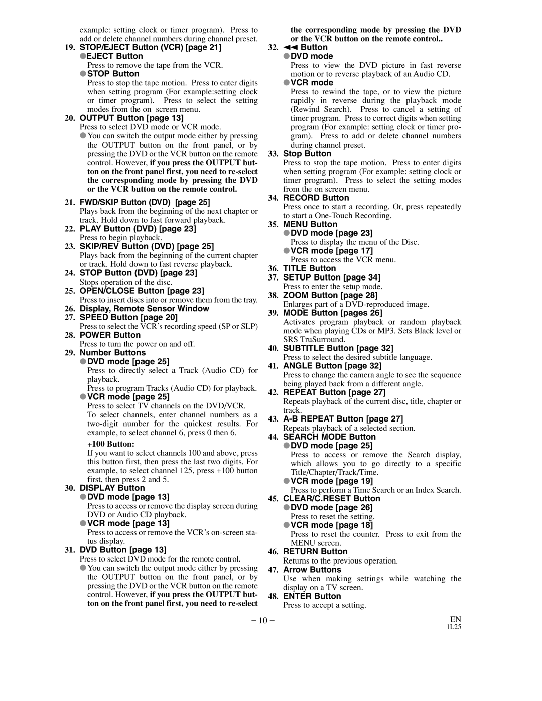 Sylvania DVC850C STOP/EJECT Button VCR page 21 Eject Button, Stop Button, Output Button, FWD/SKIP Button DVD, VCR mode 