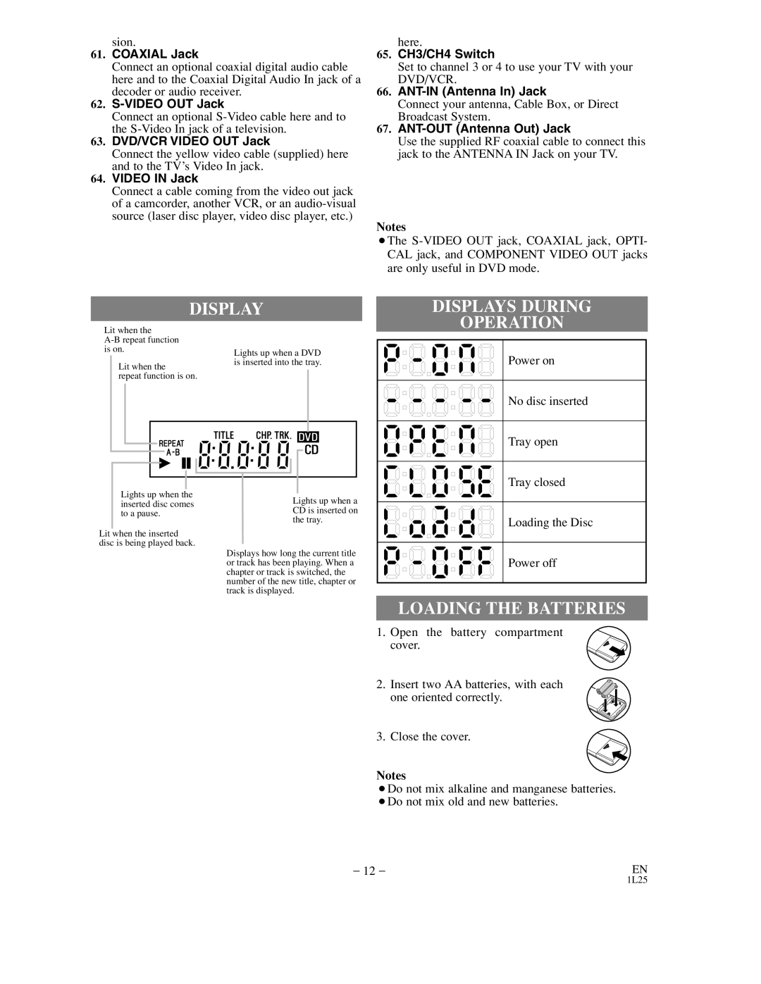 Sylvania DVC850C owner manual Displays During, Operation, Loading the Batteries 