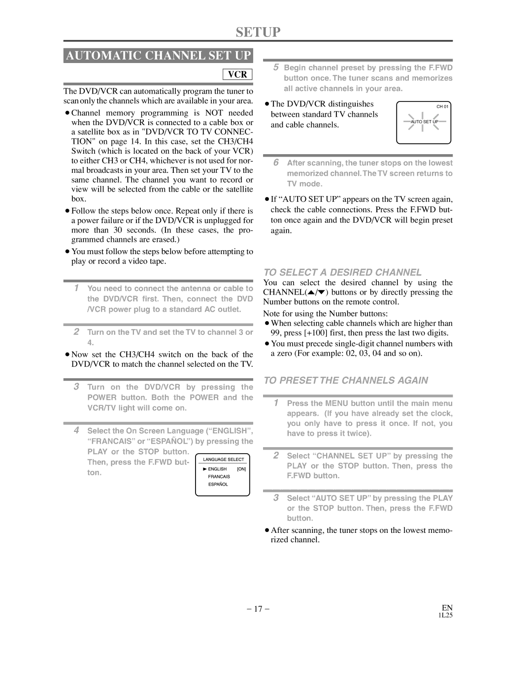 Sylvania DVC850C owner manual Setup, Automatic Channel SET UP 