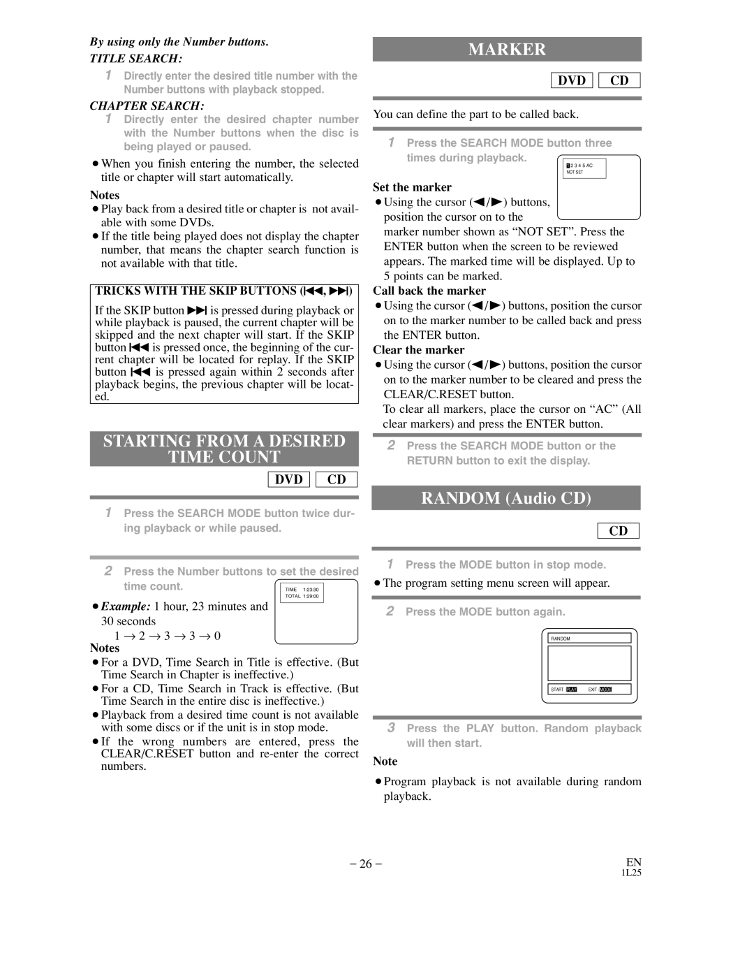 Sylvania DVC850C Starting from a Desired Time Count, Marker, Set the marker, Call back the marker, Clear the marker 