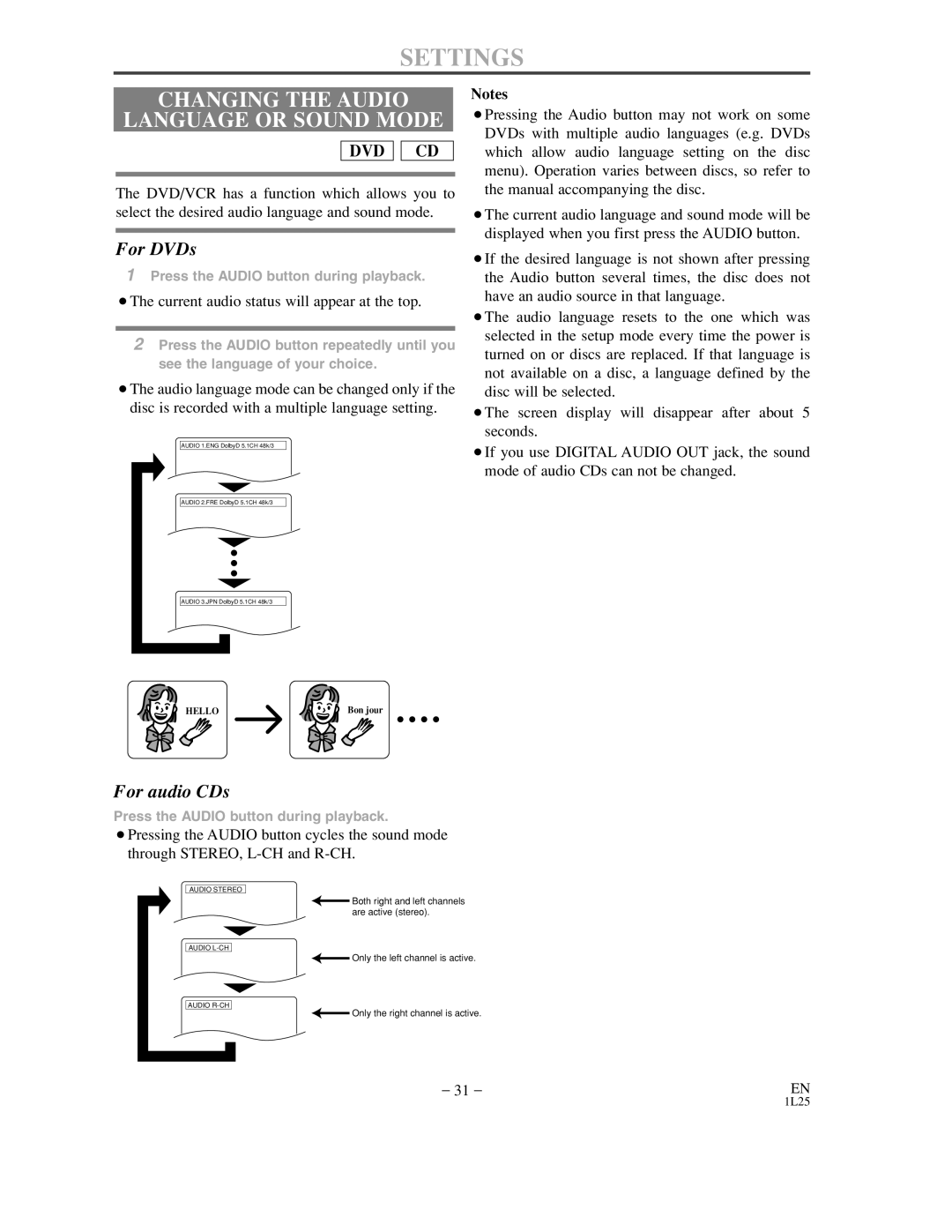 Sylvania DVC850C Settings, Changing the Audio Language or Sound Mode, ¡The current audio status will appear at the top 