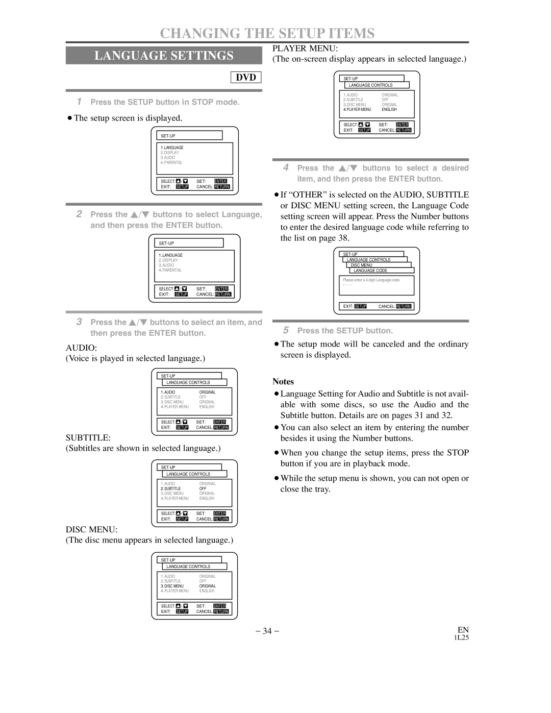 Sylvania DVC850C owner manual Changing the Setup Items, Language Settings 