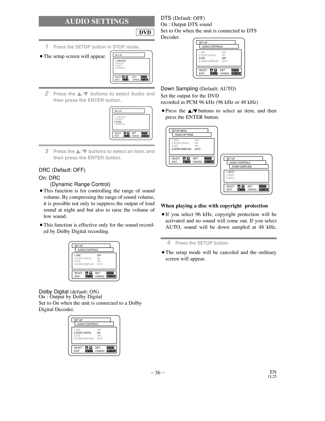 Sylvania DVC850C owner manual Audio Settings, When playing a disc with copyright protection 