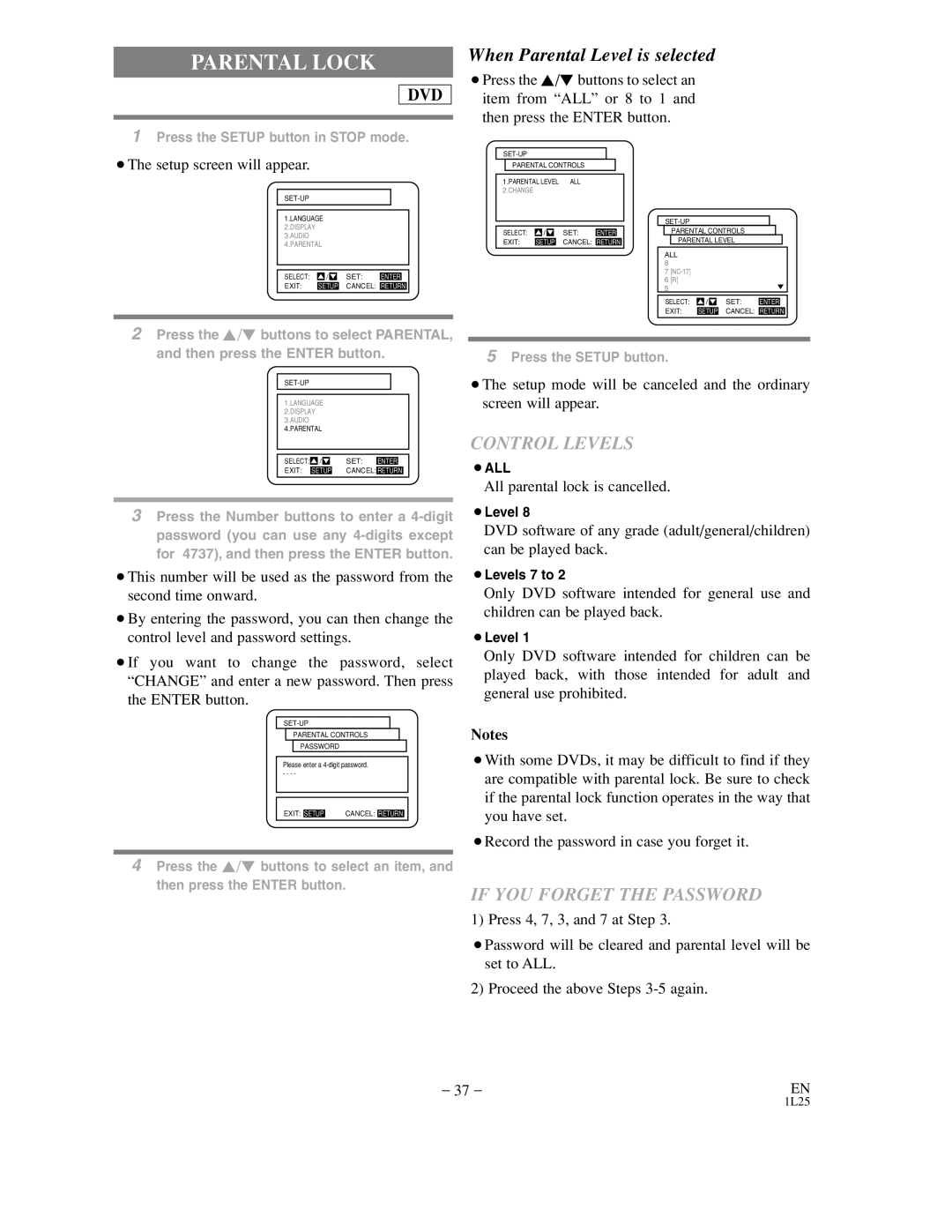 Sylvania DVC850C owner manual Parental Lock, All parental lock is cancelled 