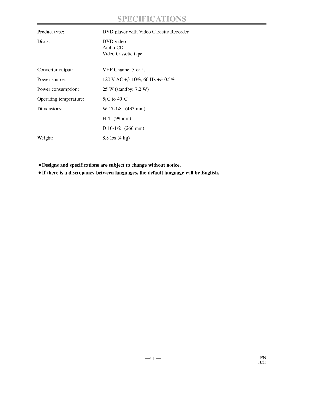 Sylvania DVC850C owner manual Specifications 