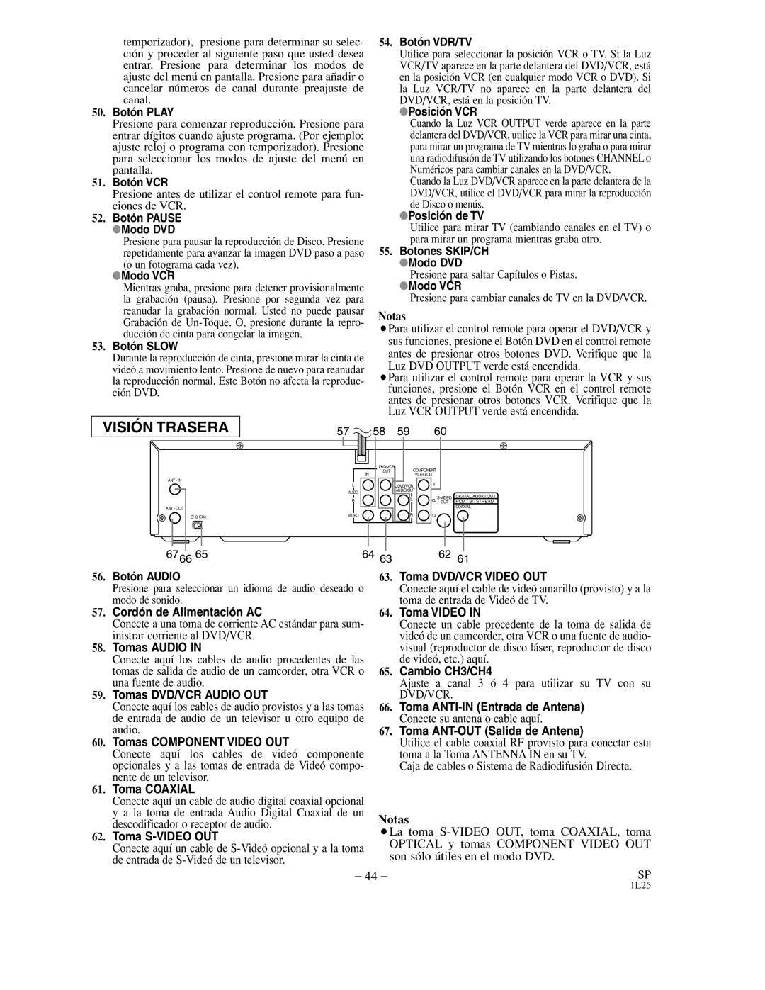 Sylvania DVC850C Botón Play, Botón VCR, Botón Slow, Botón VDR/TV, Posición VCR, Posición de TV, Botón Audio, Toma Coaxial 