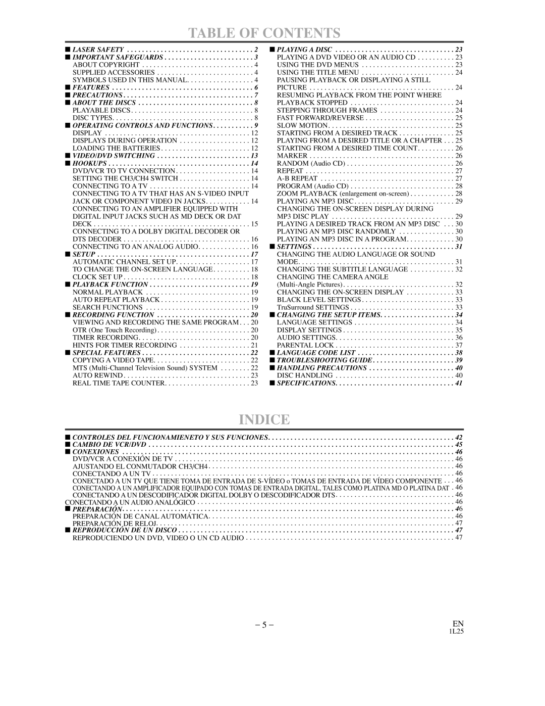 Sylvania DVC850C owner manual Table of Contents, Indice 