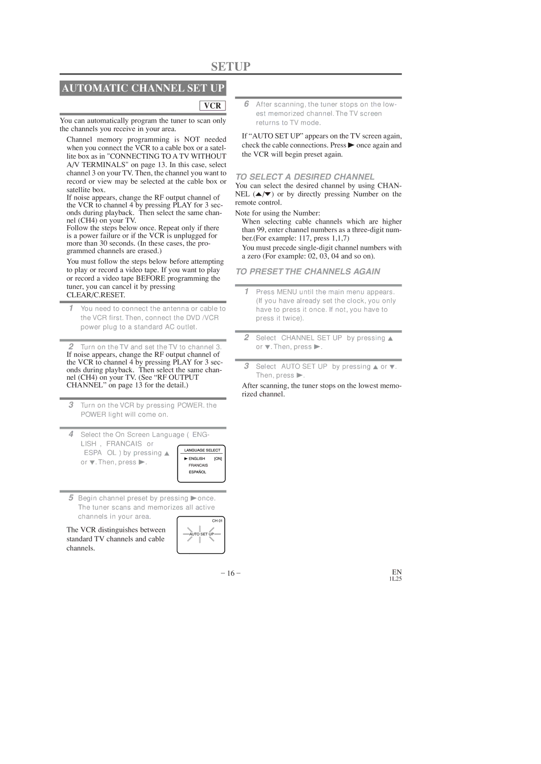 Sylvania DVC860D owner manual Setup, Automatic Channel SET UP, To Select a Desired Channel, To Preset the Channels Again 