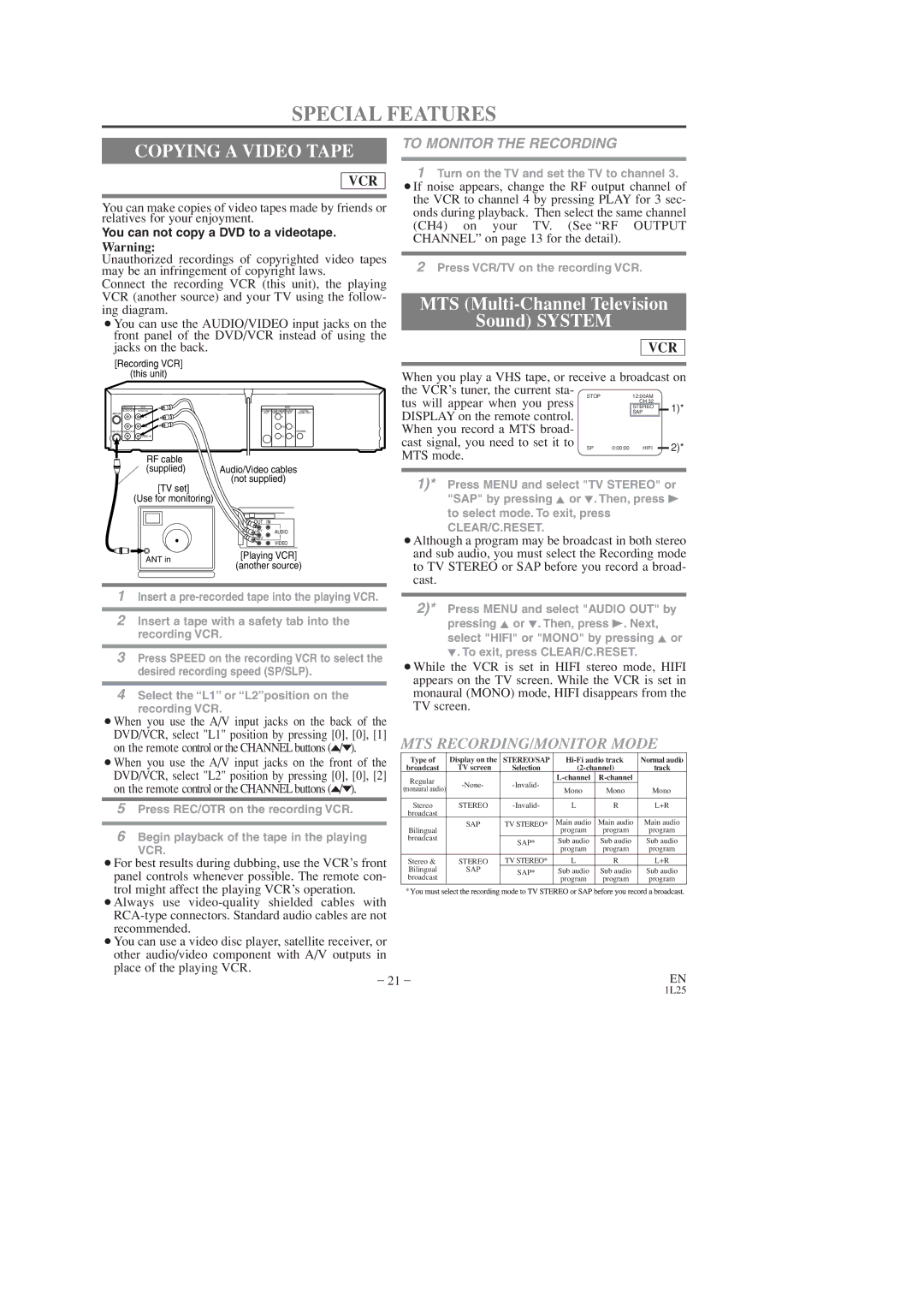 Sylvania DVC860D Special Features, Copying a Video Tape, To Monitor the Recording, You can not copy a DVD to a videotape 