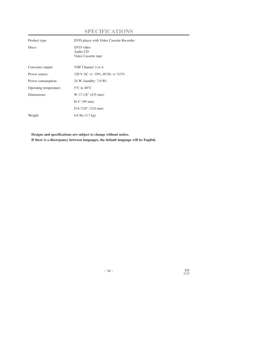 Sylvania DVC860D owner manual Specifications 